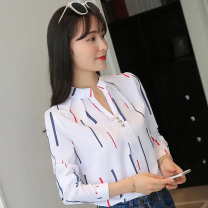 Stripe Women Blouse Fashion Standing Collar Women's Shirt Long Sleeved Shirts and Blouses Printing Ladies Tops Basic Womens Tops.