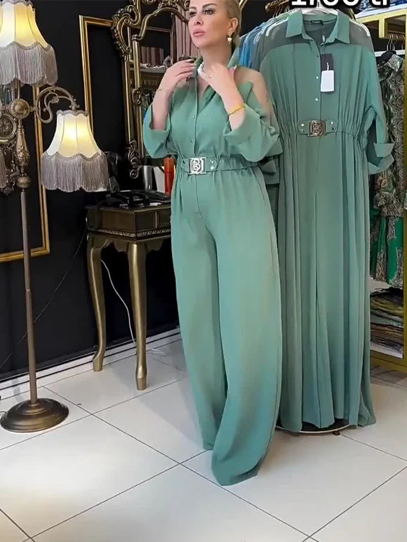 Jumpsuit Full Sleeve Turn Down Collar Office Lady Buttons The Waist Jumpsuits for Women 2024 One Piece Wide Leg Pants Rompers.