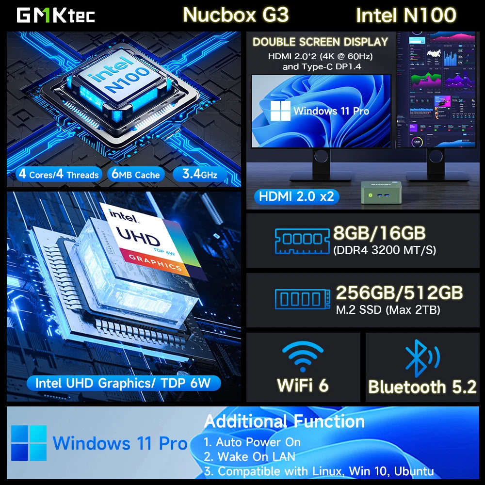GMKtec G3 Mini PC Intel Alder Lake N100 Windows 11 Pro Desktop Computer 8/16GB RAM 256/512GB PCIe M.2 SSD WiFi 6 BT5.2 Mini PC.