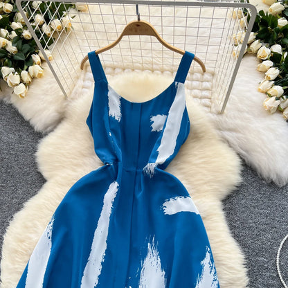 Neue Sommer Druck Süße Kleid Träger O Neck Backless Split Elegante Damen Urlaub Strand Party Midi Sommerkleid