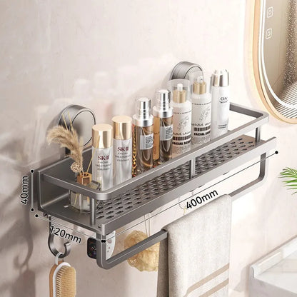 Bewegliches Badezimmerregal ohne Bohren – 30/40/50 cm Saugnapf-Organizer mit Haken/Stange, einfach zu installieren und zu reinigen, wasserdichtes Toilettenregal