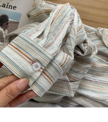 Vintage Office Lady Striped Shirt Spring Pocket Turn Down Collar Tops Korean Style Loose Long Sleeve Blouse Casual Women Clothes