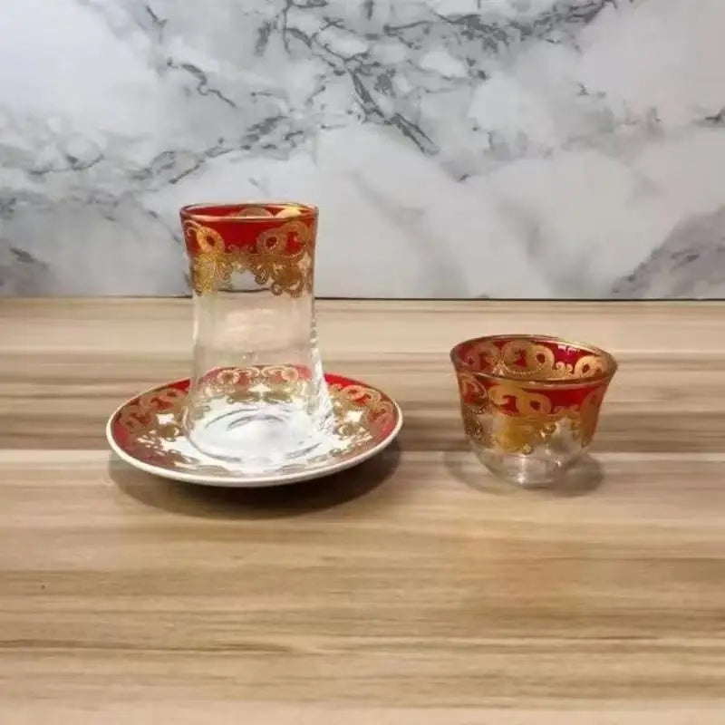 Turkish Tea Glasses Cups Set With Saucers Coffee Cup Romantic Exotic Glass Tea Cup Blue Gold Kitchen Decoration Drinking 3pcs.