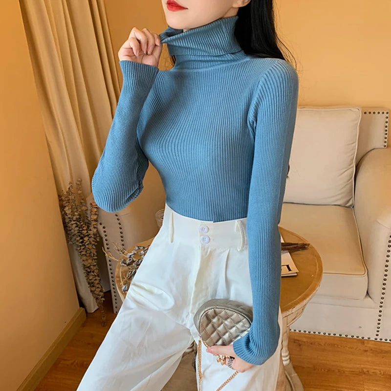 2023 herbst Winter Frauen Langarm Gestrickte Foldover Rollkragen Rippen Pull Pullover Weiche Warme Femme Jumper Pullover Kleidung