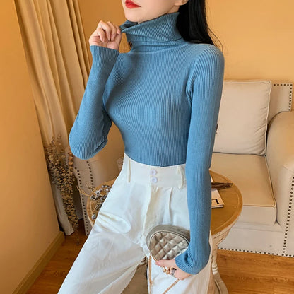 2023 herbst Winter Frauen Langarm Gestrickte Foldover Rollkragen Rippen Pull Pullover Weiche Warme Femme Jumper Pullover Kleidung