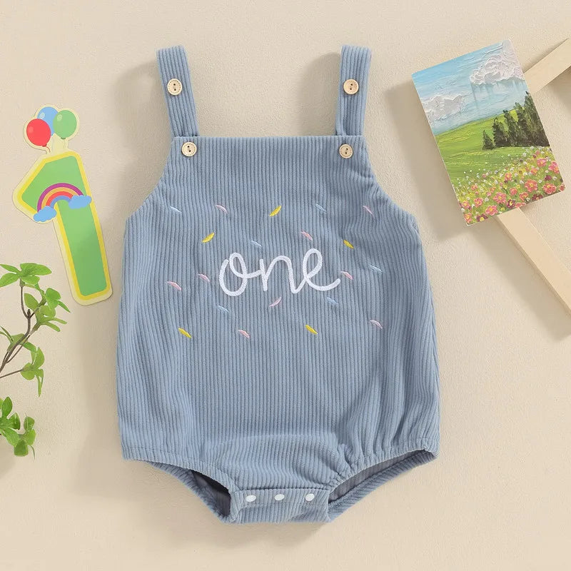 Baby ersten Geburtstag Stram pler, ärmellose Knopf verschluss Buchstaben Bodysuit lässige Overalls für Mädchen Jungen.