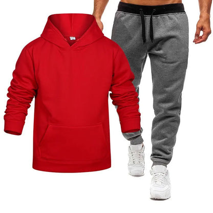 Men's Hooded Solid Color Pullover Set Two-Piece Sweater Sport Pants.