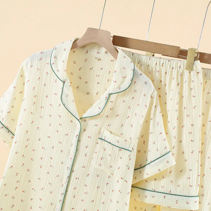 Pajamas pure cotton three-piece set spring and summer thin crepe autumn gauze lapel short-sleeved trousers shorts loungewear set