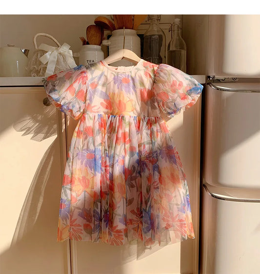 2023 sommer Kinder Kleidung Puff Sleeve Blumen Druck Kleid Für Mädchen Mesh Kinder Kleid für Mädchen.
