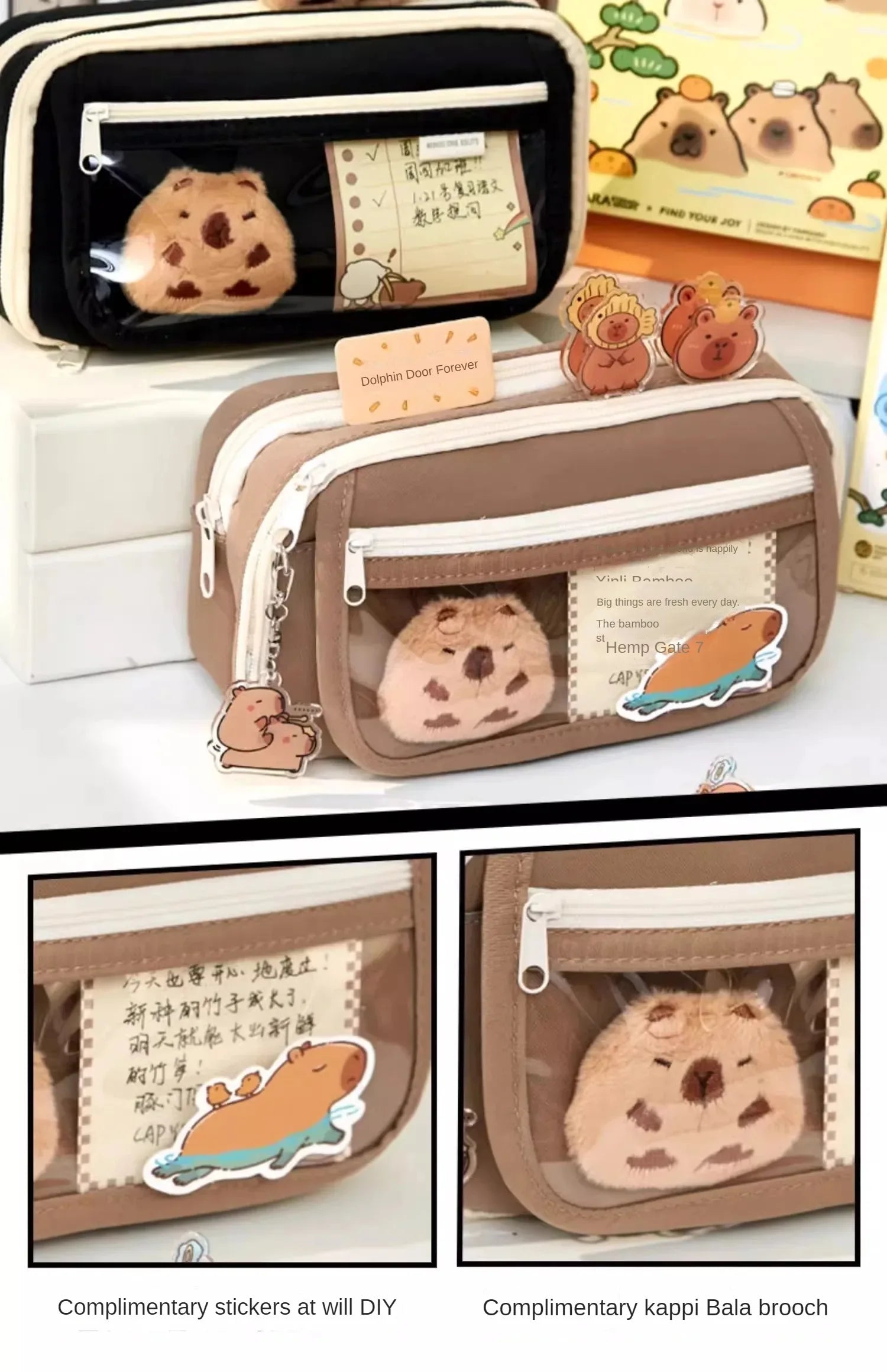 Große Kapazität Bleistift Tasche Capybara Cartoon Leinwand Schreibwaren Halter Tasche Mit Broschen Aufkleber Clips Schlüsselanhänger Kinder Stift Fall.