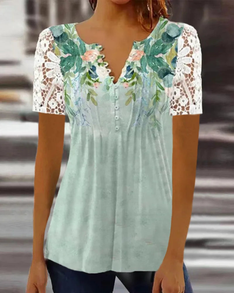 Summer Spring New Women's Loose and Comfortable Casual Lace V Neck Printed Blouse Floral Short Sleeve Elegant Fashion Shirt.