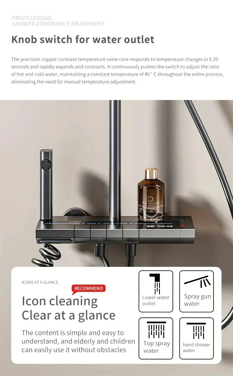 Bathroom Luxury Shower System with Tempered Glass Piano Key Smart Digital Display Thermostat Mixer Shower Faucet Full Set