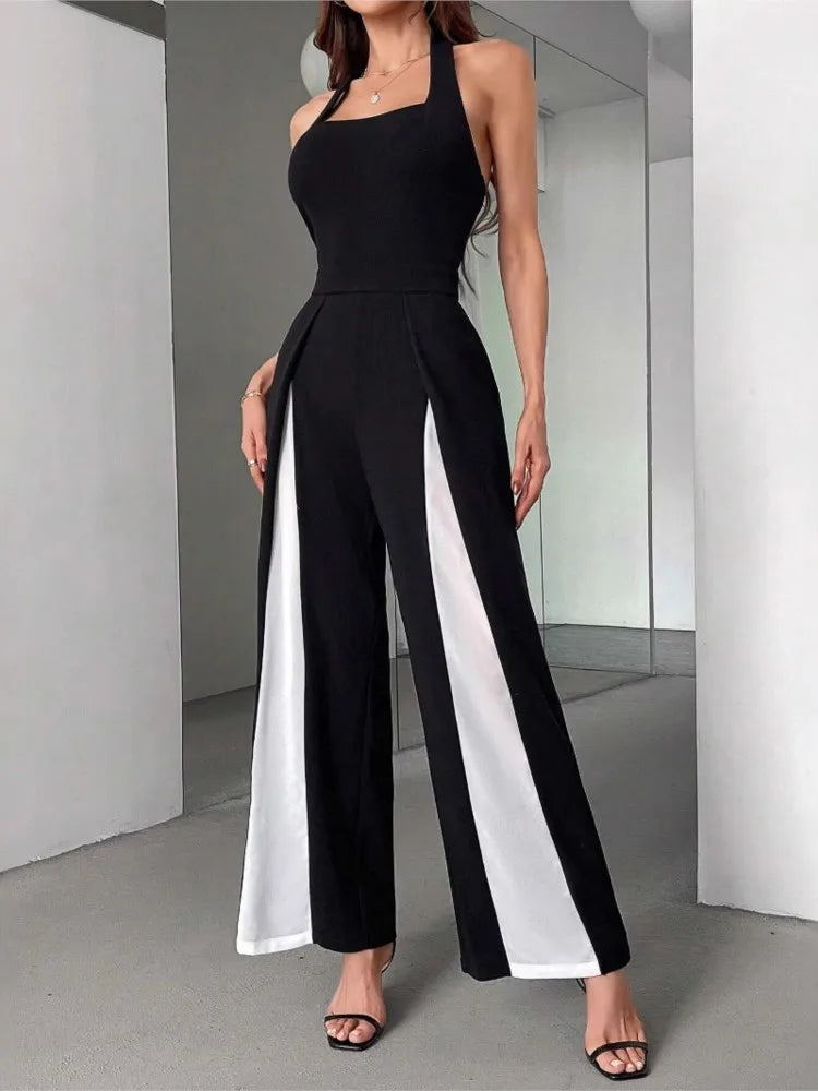 Casual Sleeveless Round Neck Jumpsuit Women's 2025 Summer Fashion Patchwork Slimming Halter Neck Sleeveless Backless One Piece.