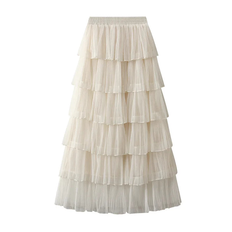 Beiyingni Woman Mesh Long Midi Cake Skirt Solid Color Elegant French Tiered Fairy Tulle Skirts Khaki Casual High Waist Faldas.