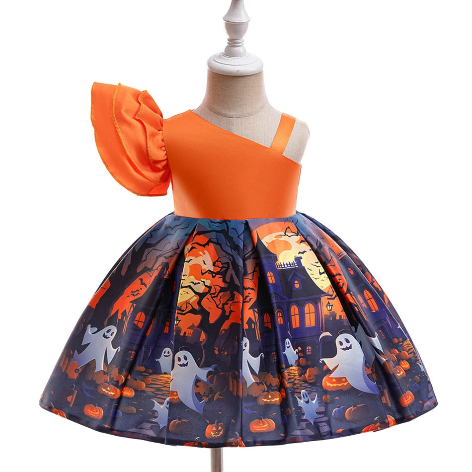 Kleinkind Halloween Kostüm Mädchen Cosplay Hexe Kürbis Skelett Druck Bowknot Kleid Kinder Festival Party Performance Kleidung