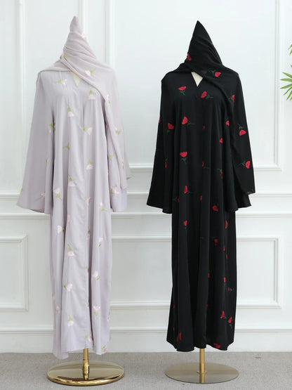 Women Middle East Arabic Dubai Abaya Luxury Rose embroidery Kimono Cardigan Long Dress Modest Robe Femme Islam Clothing Kebaya.