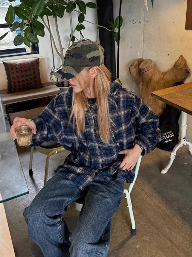 HOUZHOU Vintage Plaid Shirts Women Harajuku Long Sleeve American Style Drawstring Hooded Blouses Loose Casual Streetwear Spring.