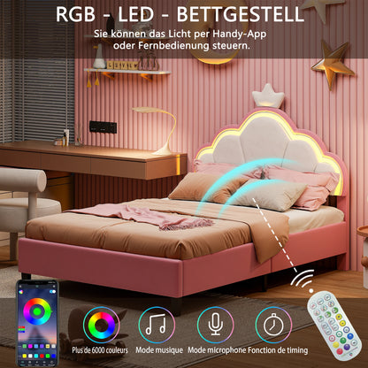 Anajqaqia 90×200 cm gepolstertes Einzelbett, Kinderbett mit LED-Leuchten, mit Lattenrost und Kronenkopfteil, Samt
