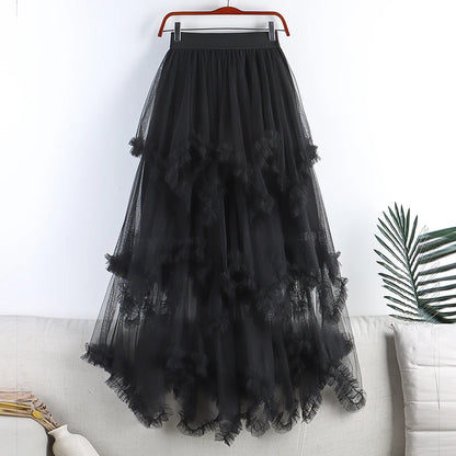 Autumn Winter New 2025 Irregular Cake Tulle Skirt Women Sweet Midi Long High Waist A Line Skirt Female Mesh Party Skirt Lady.