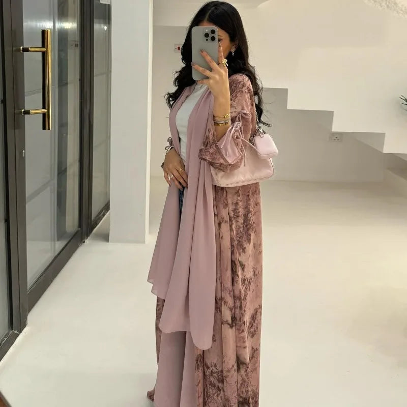 2025 sommer Arabisch Frauen Muslimische Kleidung Ramadan Dubai Offene Abaya Kleid mit Hijab Islam Gedruckt Chiffon 2 Stück Outfit.