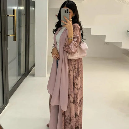 2025 sommer Arabisch Frauen Muslimische Kleidung Ramadan Dubai Offene Abaya Kleid mit Hijab Islam Gedruckt Chiffon 2 Stück Outfit.