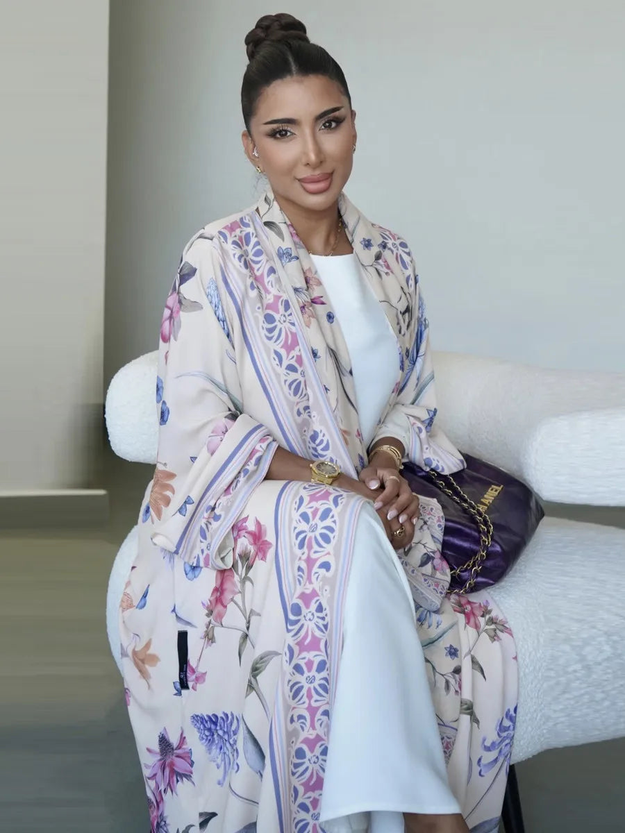 Muslim Women Dubai Abaya Luxury Floral Print Kimono Cardigan Hijab Long Dress Kaftan Ramadan Robe Femme Islam Clothing Kebaya.
