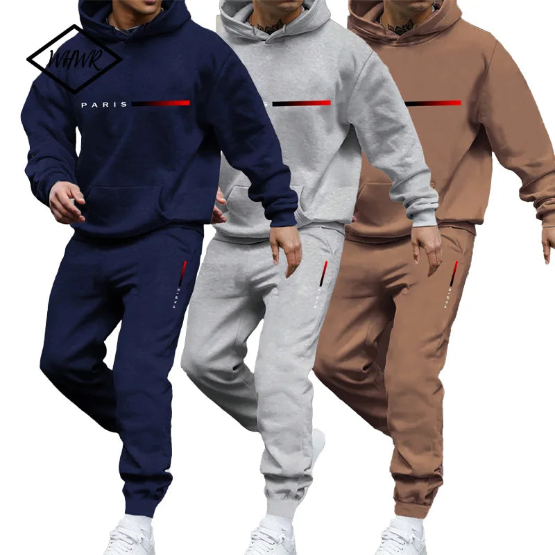 Paris Print Fashion Men's Hooded Tracksuit 2pcs Set High Quality Male Daily Casual Sports Jogging Home Outdoor Hoodie Outftis.