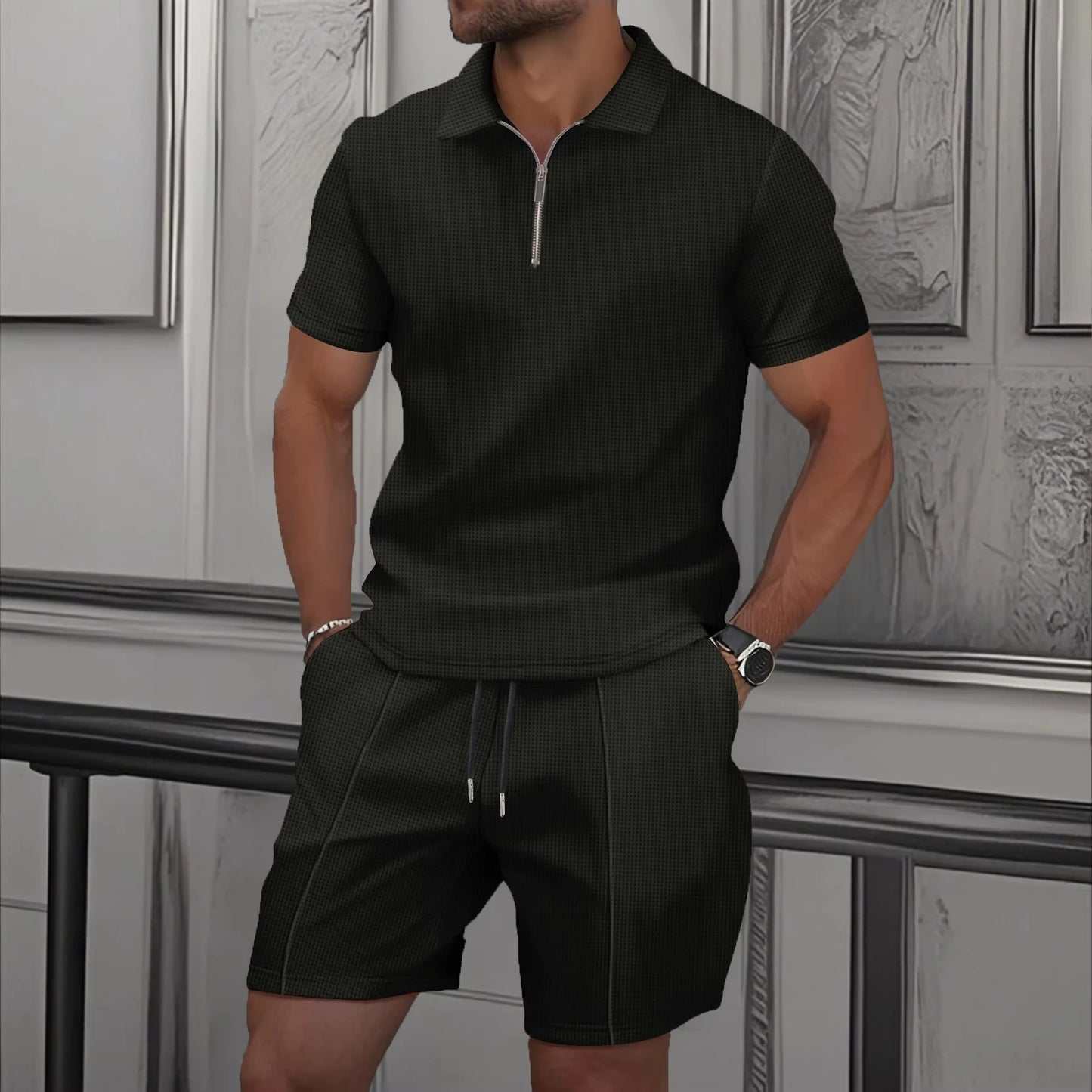 Men's Sportswear set, men's Zipper Polo Shirt set, 3D Printed Casual Zipper Polo Shirt + Shorts 2-piece Business Sportswear Set.
