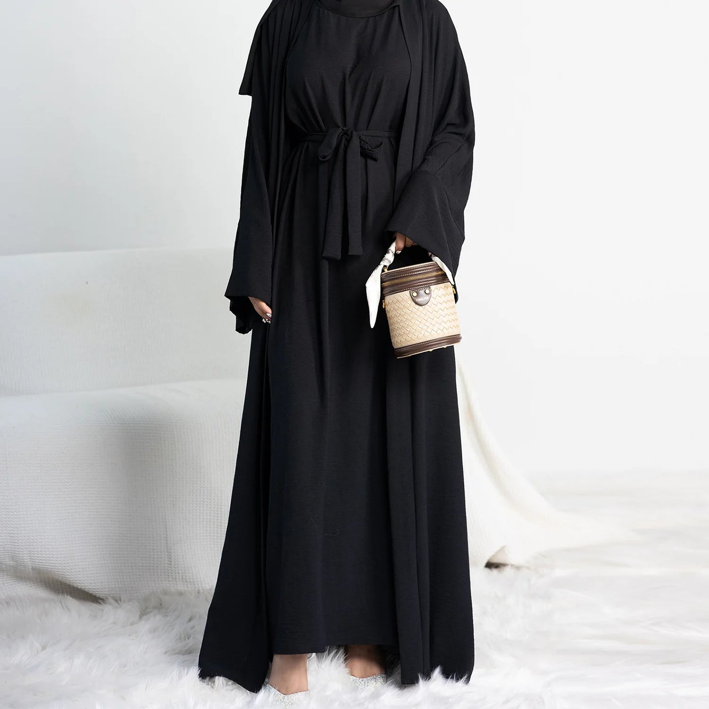 Muslim Woman Set 2 Piece Abaya Kimono with Sleeveless Inner Dress Simple Matching Outfits Dubai Turkey Casual Islamic Clothing.