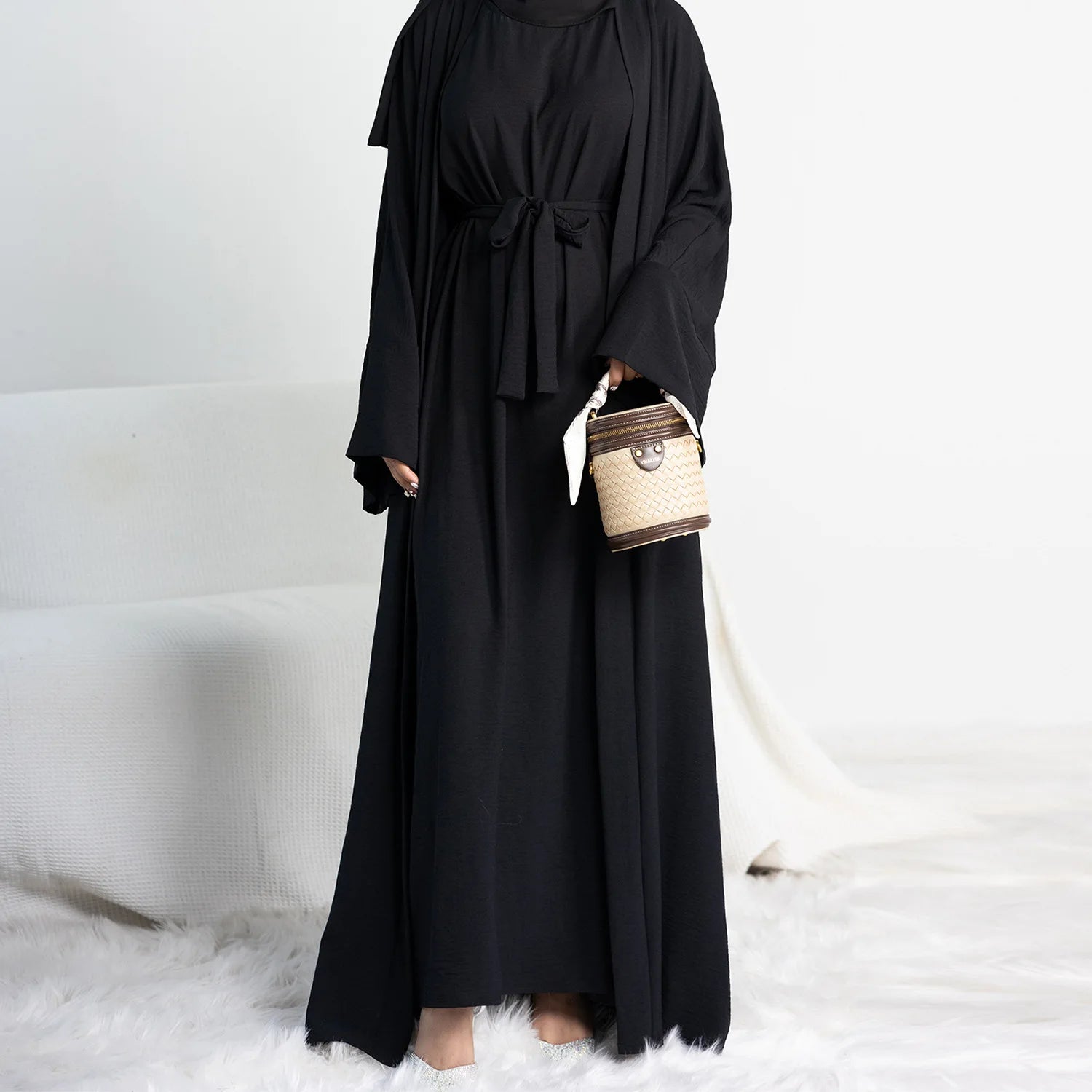 2 Piece Open Abaya for Women Long Hijab Dress Ramadan Eid Crepe Islamic Clothing Dubai Turkey Party Kaftan Outfit Muslim Set.