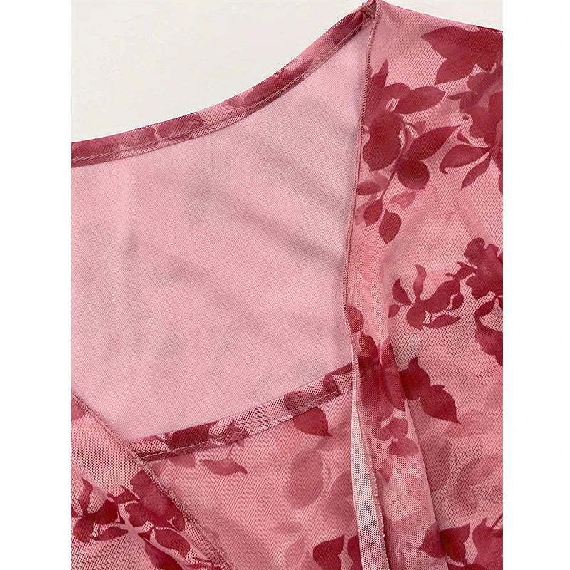 Summer Women's Y2k Floral Printed Sweet V-Neck T-shirts Mesh Beach Party Dress Top Flare Sleeve Square Collar Lace Up Shirt 2025.