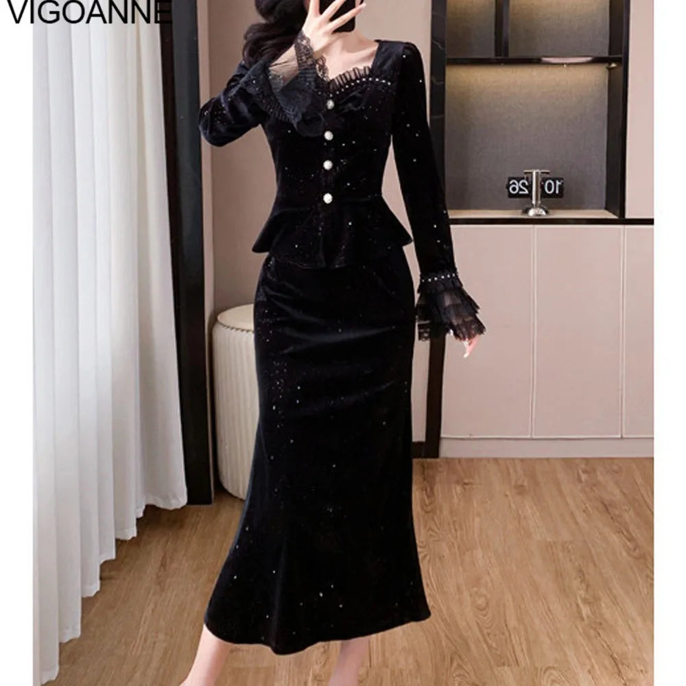 VigoAnne 2025 Black Long Sleeve Top And High Waist Korean Skirt 2 Piece Sets Woman Spring Autumn Velvet Long Dress Suit Ladies.