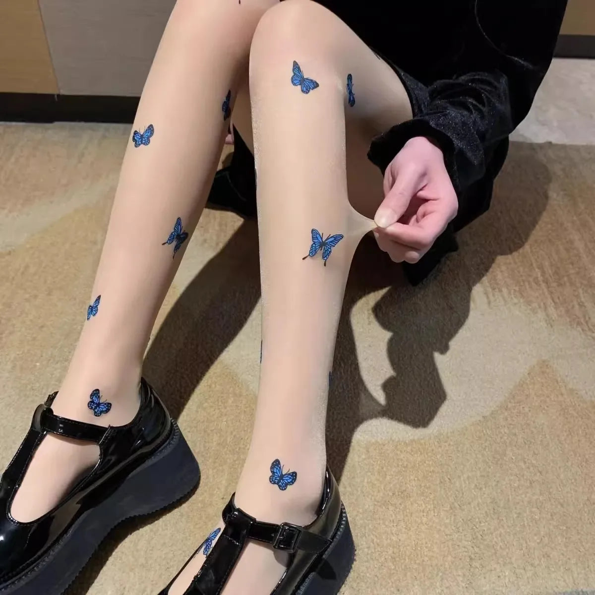 Sexy Butterfly Tights Vintage Y2K Fake Tattoo Butterfly Black Transparent Silk Pantyhose Women Lolita Summer Ultra-thin Stocking.