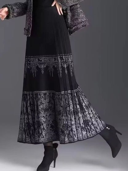 FairyShely Pleated Knitted Skirt For Women 2025 Autumn Winter Warm High Waist Long Skirts Ladies Plus Size Black A-line Skirt