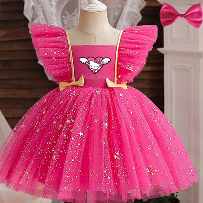 Hello Kitty Prinzessinnenkleid für Mädchen, Pailletten, Stern, Rüschen, Schleife, Tutu-Kleid, Baby, formelles Gala-Abschlussballkleid, Kinder-Abendparty-Kostüm