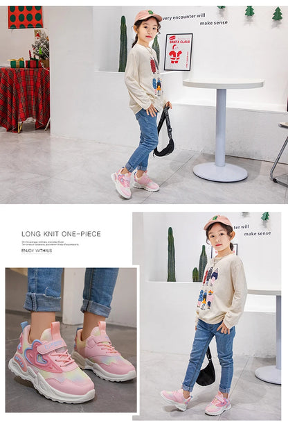 Girls Sports Shoes Kids Running Shoes Pink Breathable Air Mesh Heart Sweet Sneakers Cute Hook & Loop Children's Casual  Shoes.