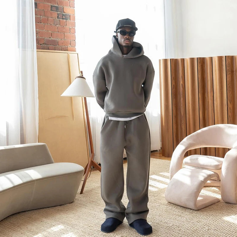 Men Cotton Vintage Tracksuit 2pcs Set Hoodies Straight Pants Casual Loose Hip Hop Sports Hooded Pullover Trousers Y2k Streetwear