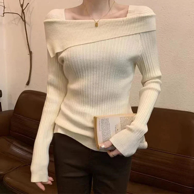 Solide Sexy Schlank Off Schulter Slash Neck Langarm Stricken Pullover Frauen Jumper Büro Mode Neue.
