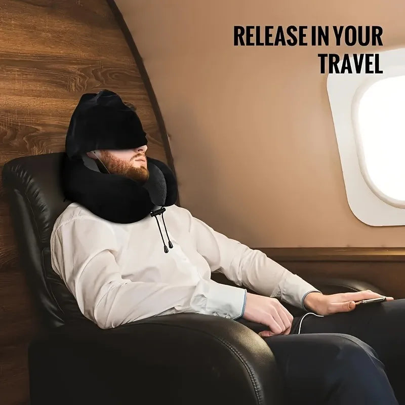 Memory Foam Hooded U-Shaped Travel Pillow with Detachable Cover Portable Neck Support for Airplane Office Nap Car and Home Use.