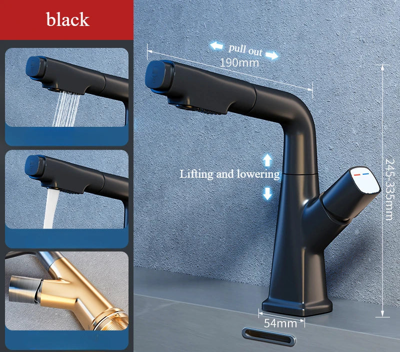 Hot and cold faucet bathroom sink vanity with pull-out function that can be raised and lowered 360º rotating mixing spray faucet