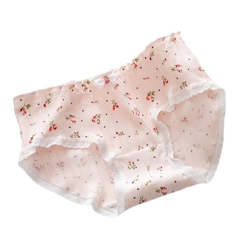 5Pcs/set Pure Cotton Sweet Bow Lace Women Panties Mid-Waist Girls Briefs Floral Underpants Soft Shorts Sexy Female Lingeries.