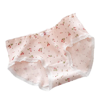 5Pcs/set Pure Cotton Sweet Bow Lace Women Panties Mid-Waist Girls Briefs Floral Underpants Soft Shorts Sexy Female Lingeries.