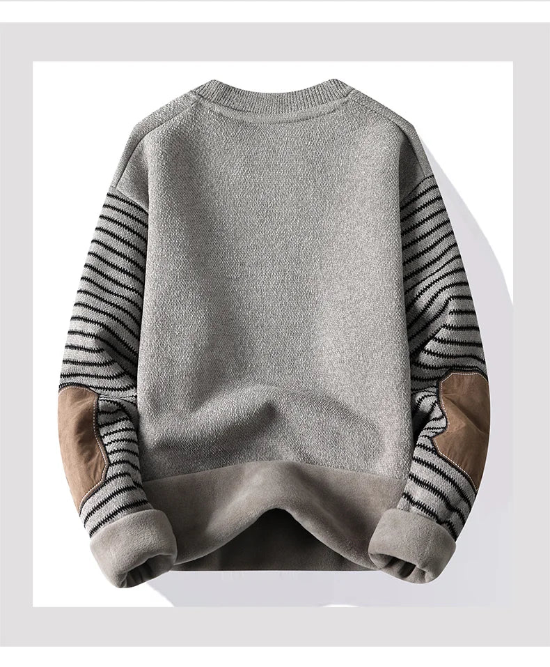 Men's Sweater Patckwork Round Neck Pullovers Fleece Lined Thick Warm Winter Knitwear Fashion Jumpers Men's Clothes.