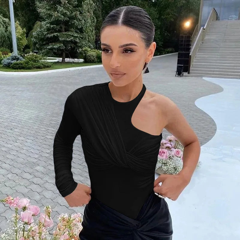 Autumn 2025 Long Sleeve Pullover New Fashion Sexy Spice Girls Crew Neck Single Rotator Sleeve Pleated Slim Bodysuit Women.