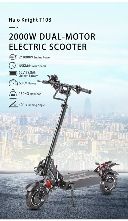 Halo Knight T108 28.8Ah 1000W Dual Motor Faldable Electric Scooter 65KM/H Max Range 60KM On-Road Tire E Scooter with Suspension.