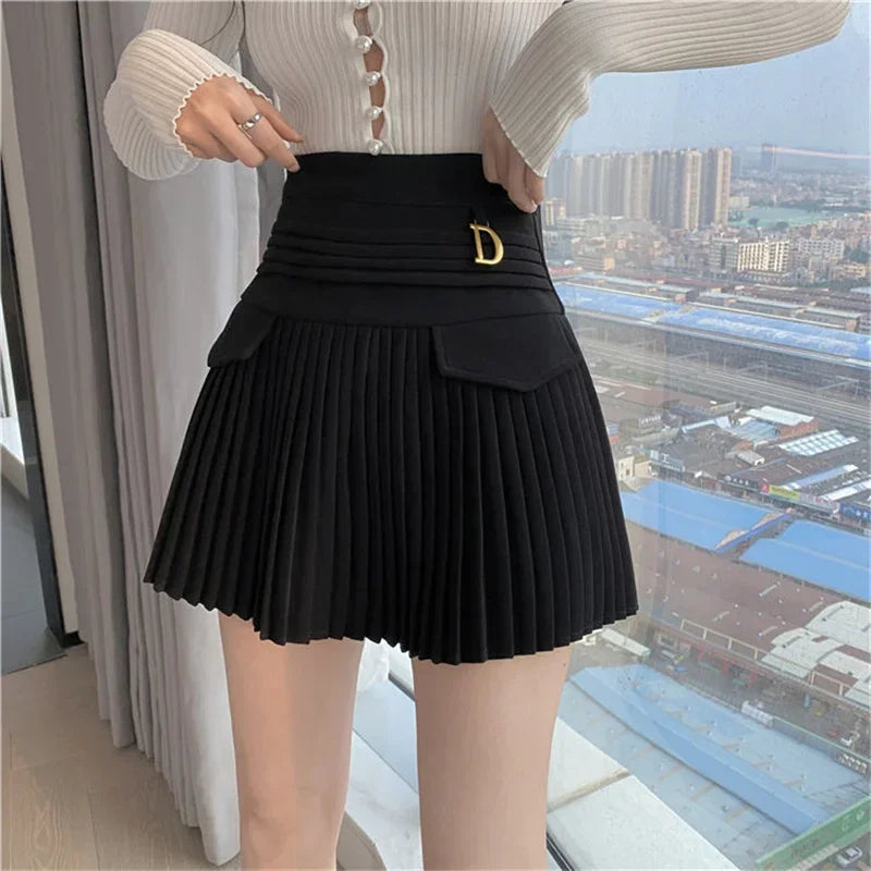 White Pleated Skirt Women  High Waist Skater Skirt Female Korean A-Line High Fashion Casual Short Skirt Women Bottoms.