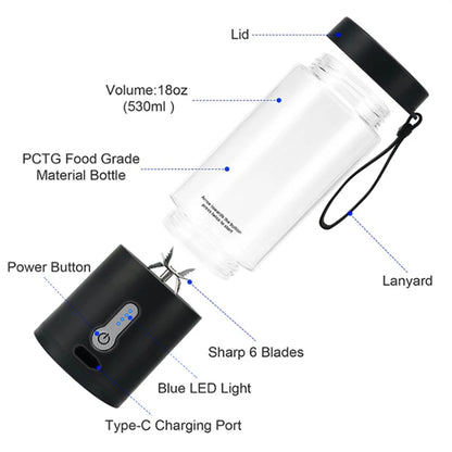 530ML Powerful Portable Blender for Smoothies Shakes USB Rechargeable Food Processor Fruit Mixer Machine Mini Juicer Blender Cup.