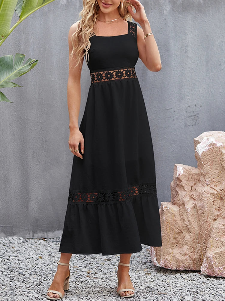 Weiße Lange Kleid Frauen Sommer Sexy Sleeveless Backless Maxi Kleider Damen Elegante Hohle Heraus Spitze Kleid Boho Sommerkleid Vestidos.