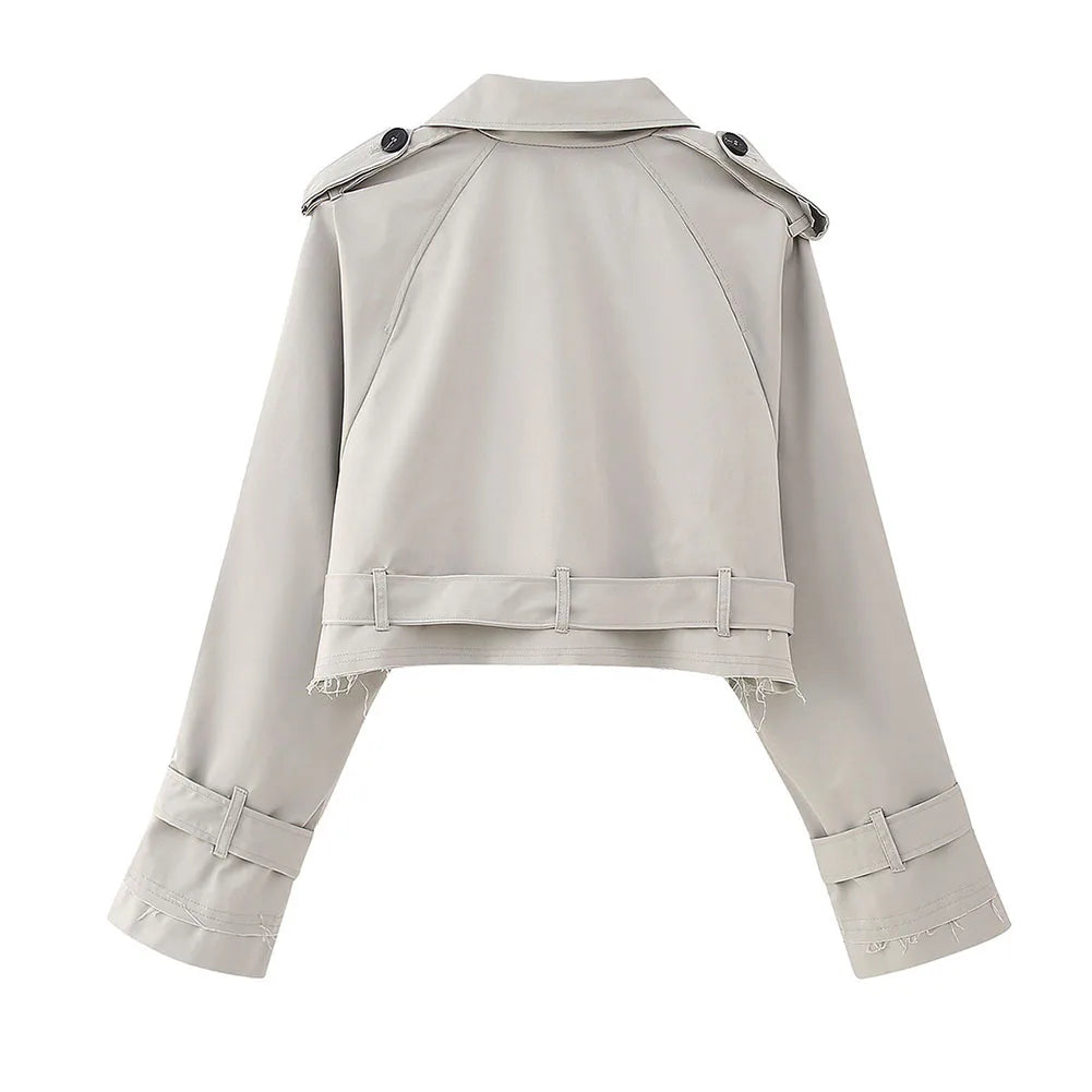 Frauen kurze Blazer Jacken Herbst elegante Vintage einfarbige Langarm Zweireiher Trenchcoat mit Gürtel.