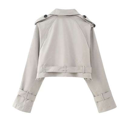 Frauen kurze Blazer Jacken Herbst elegante Vintage einfarbige Langarm Zweireiher Trenchcoat mit Gürtel.